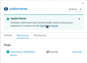 The link to Add Health Checks offers access to OpenShift's health checks.
