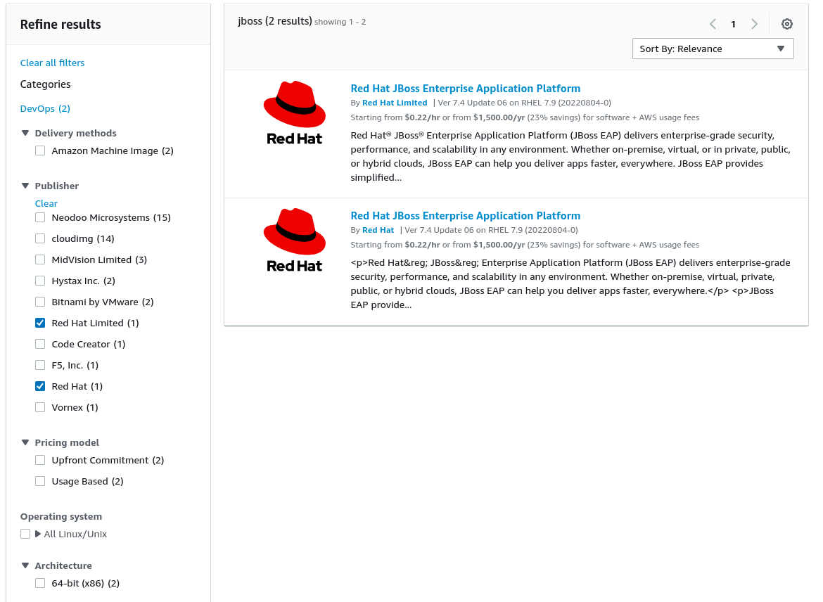 Search for "JBoss EAP" and filter by "Red Hat" on the AWS Marketplace.