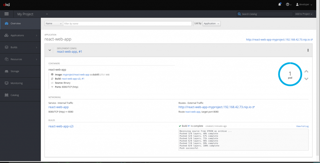 Screenshot of OpenShift web console after deploying the React app