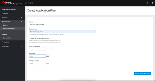 Set values for your application plan on the Create Application Plan page.