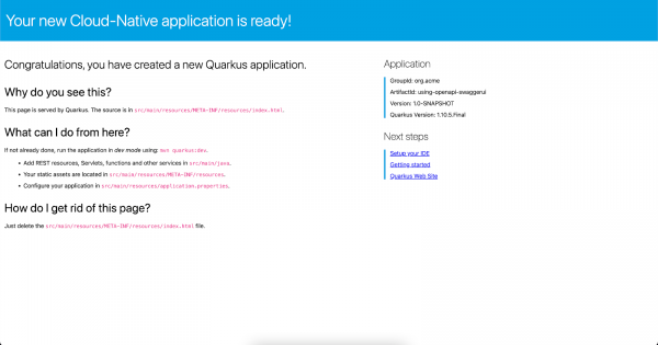 The Quarkus applications displays a web page when opened from the console.