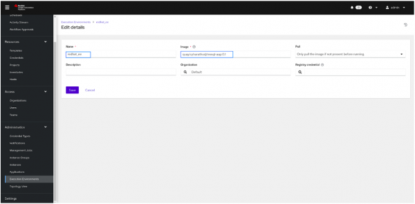 A screenshot of the execution environment page of Ansible Automation Platform.