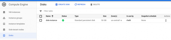 A screenshot of the VM disk listed in the Google Compute Engine console.